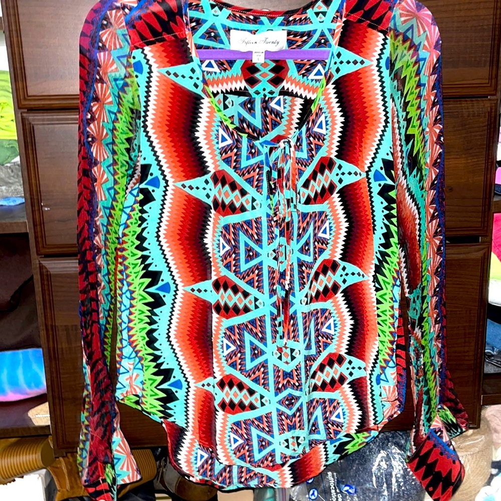 Tribal print silk fifteen twenty blouse
